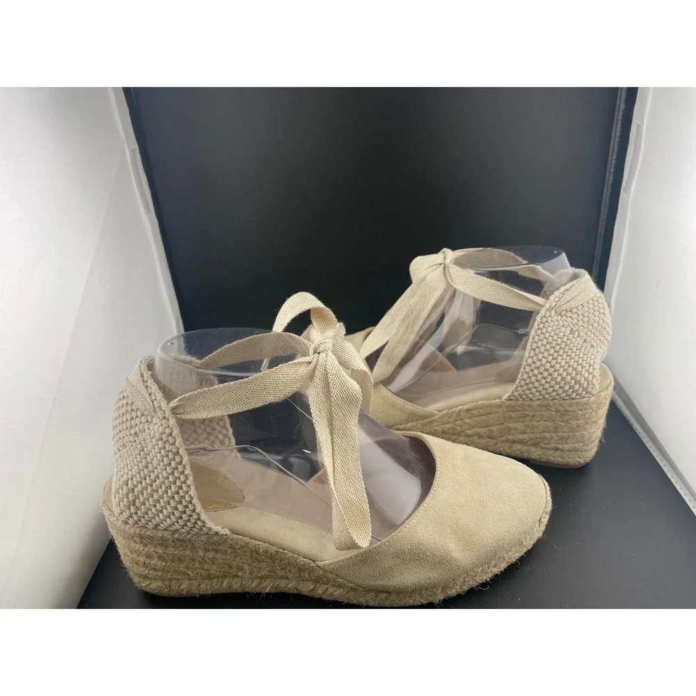 Boden Suede Lace Up Espadrille Wedges Beige Tan Ankle Tie Spain EU 39 US 8.5 9
